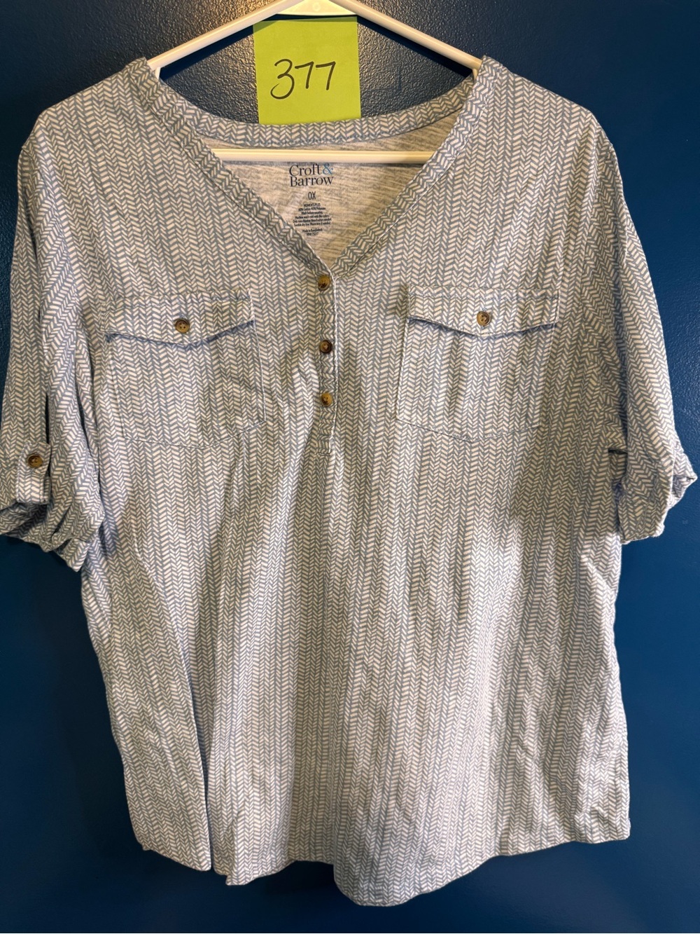 croft & barrow Light Blue and White Chevron-Patterned Women's Button Henley